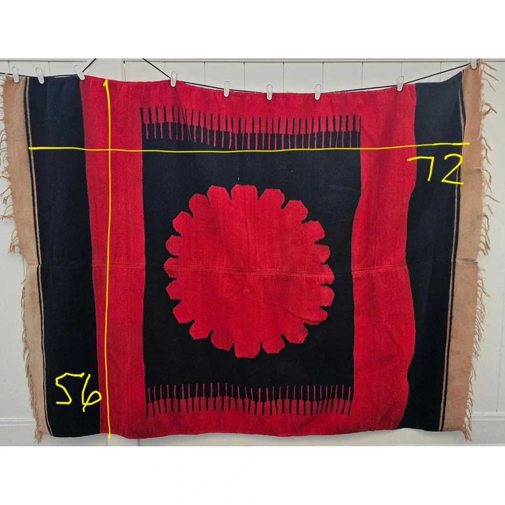 Vintage Handwoven Wool Textile Red Black Sunburst Southwestern Rug 72x56